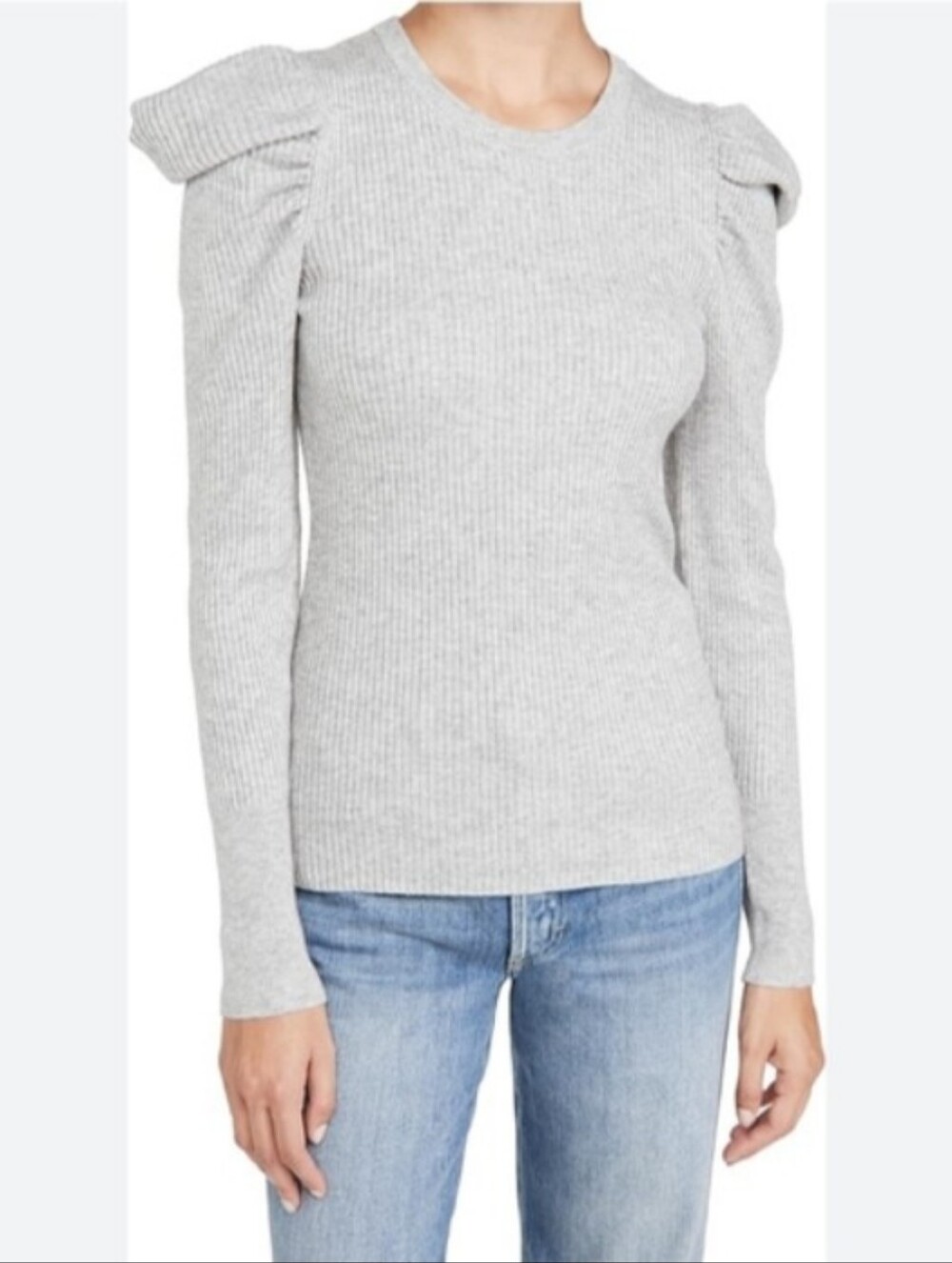 7 For All Mankind Ribbed Gray Knit Puff Sleeve Sweater Top